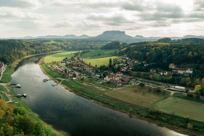 Scenic view of landscape and river against sky