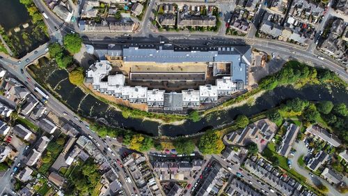 High angle view of street amidst buildings in city