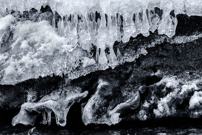 View of icicles on rock formation