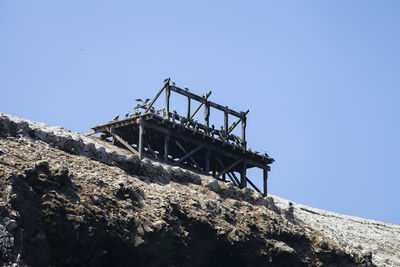 Low angle view of crane by building against clear blue sky