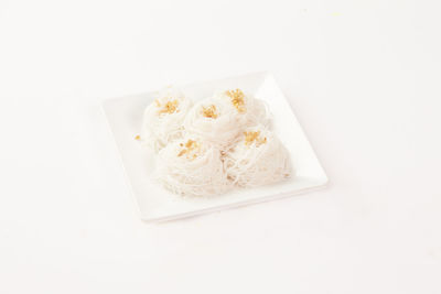 High angle view of ice cream in bowl against white background