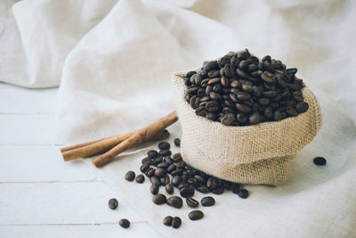 High angle view of coffee beans on table