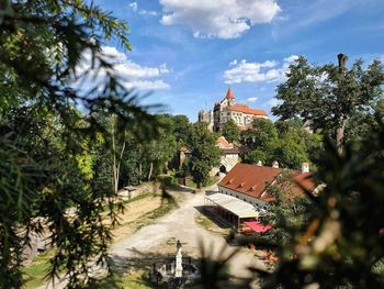 Panoramic view of trees and buildings against sky