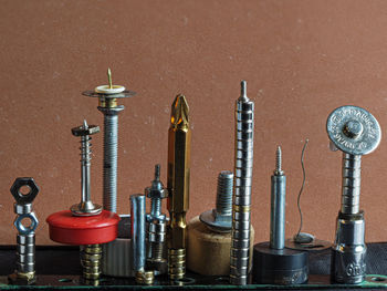 High angle view of metal equipment on wall