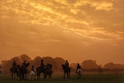 People riding horses and foals on field against sky during sunrise