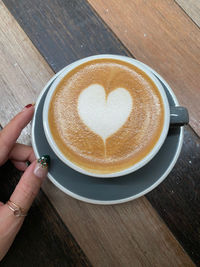 High angle view of coffee cup on table