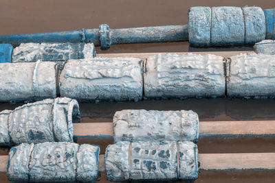 Close-up of stone stack on snow