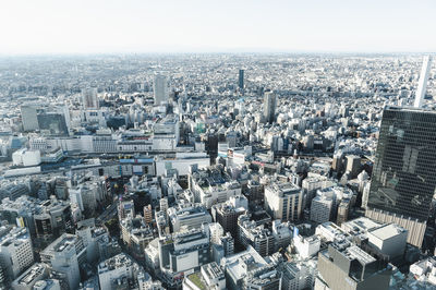 High angle view of modern buildings in city