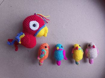 High angle view of multi colored toys on table
