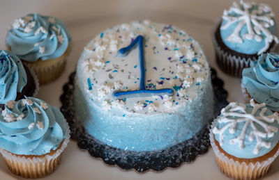 High angle view of cupcakes on table