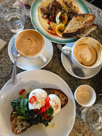 High angle view of breakfast served on table