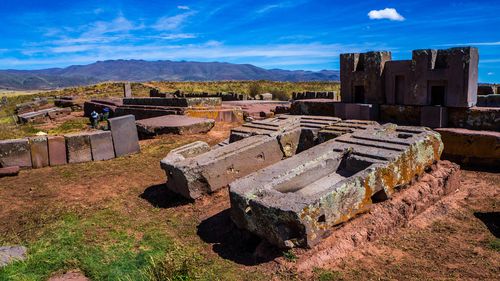 High angle view of old ruins against sky