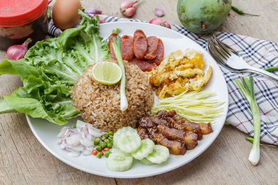 High angle view of breakfast served on table