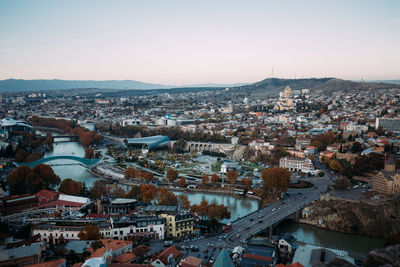 High angle view of cityscape against sky