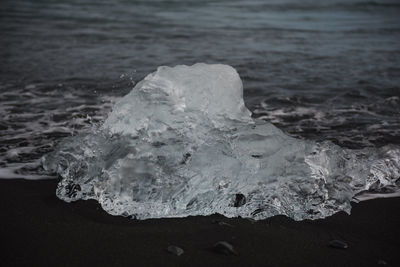 Close-up of ice on sea shore