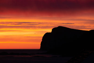 Silhouette rocks by sea against sky during sunset