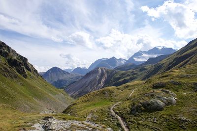 Scenic view of valley and mountains against sky