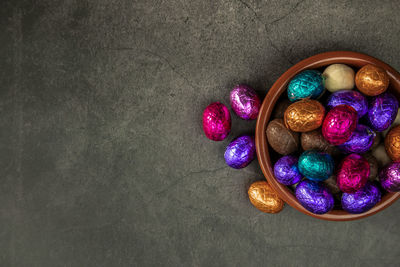 High angle view of multi colored easter egg on table