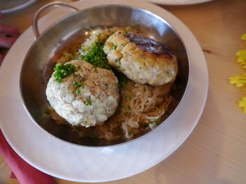 High angle view of meal served on table