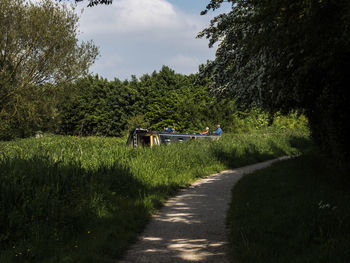 Footpath amidst grass and trees against sky