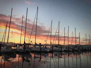 Boats moored at harbor during sunset