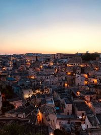 High angle view of townscape against sky during sunset