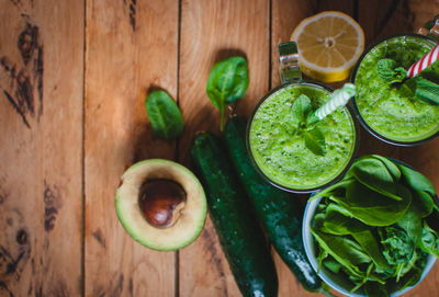 Close-up of green smoothie in a glass with fresh mint and ingredients, top view