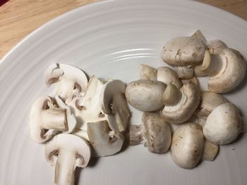 High angle view of mushrooms on table