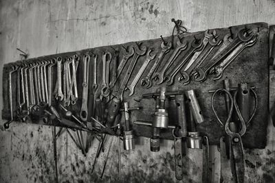 Hand tools hanging on wall