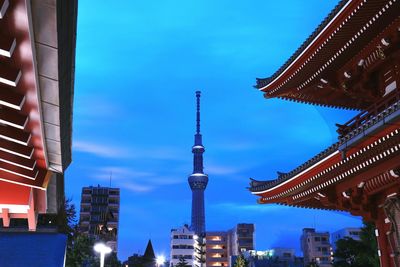 Low angle view of tokyo sky tree against sky seen from senso-ji temple