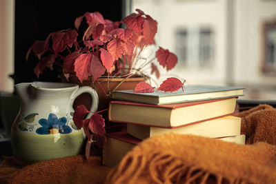 Close-up of red roses on table at home