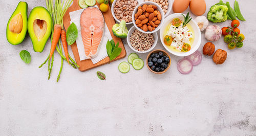 High angle view of fruits on cutting board