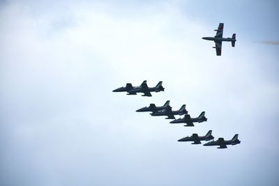 Low angle view of airshow against sky