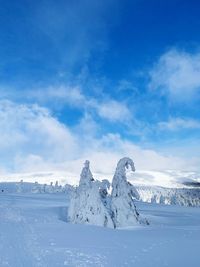 Snow covered landscape against blue sky