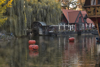 Red bridge over river