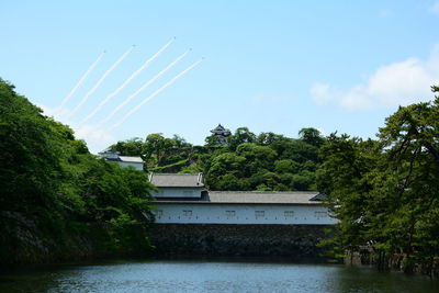 Scenic view of river by building against sky