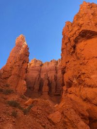 Low angle view of rock formation against blue sky