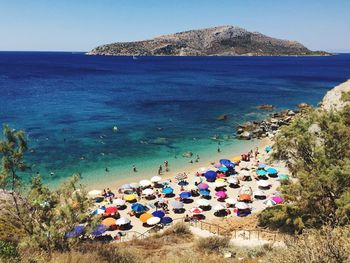 Scenic view of sea against clear blue sky