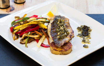 High angle view of food served on table