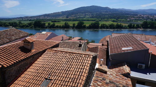 High angle view of houses against sky