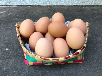 High angle view of eggs in container