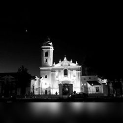 View of church lit up at night