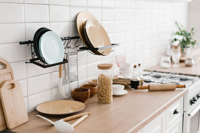Kitchen utensils are on the cabinet. the interior of the room in the scandinavian style