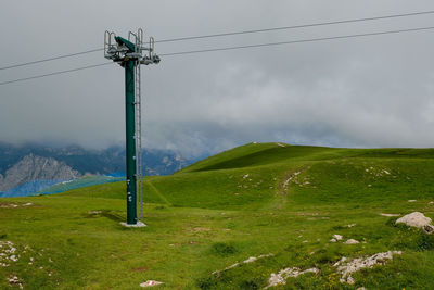 Wind turbines on land against sky