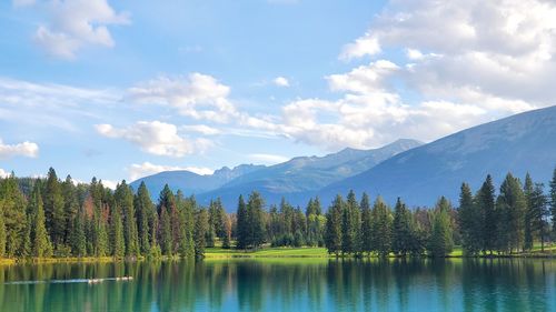 Scenic view of lake and mountains against sky