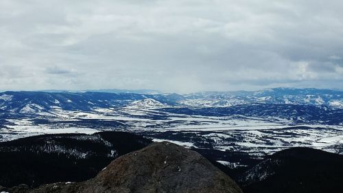 Scenic view of mountains against cloudy sky