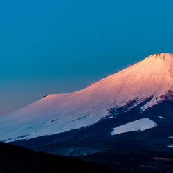 Scenic view of snowcapped mountains against sky during sunset