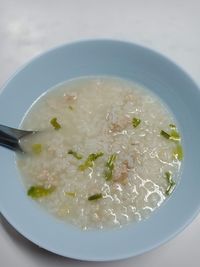 High angle view of soup in bowl on table