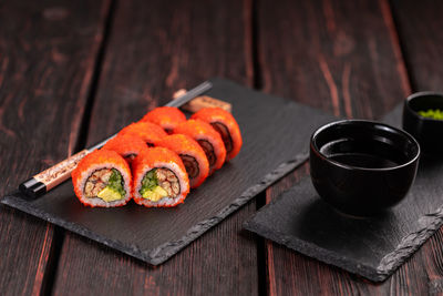 High angle view of sushi on table