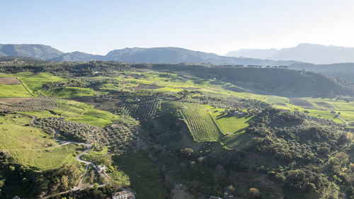 High angle view of agricultural field against clear sky